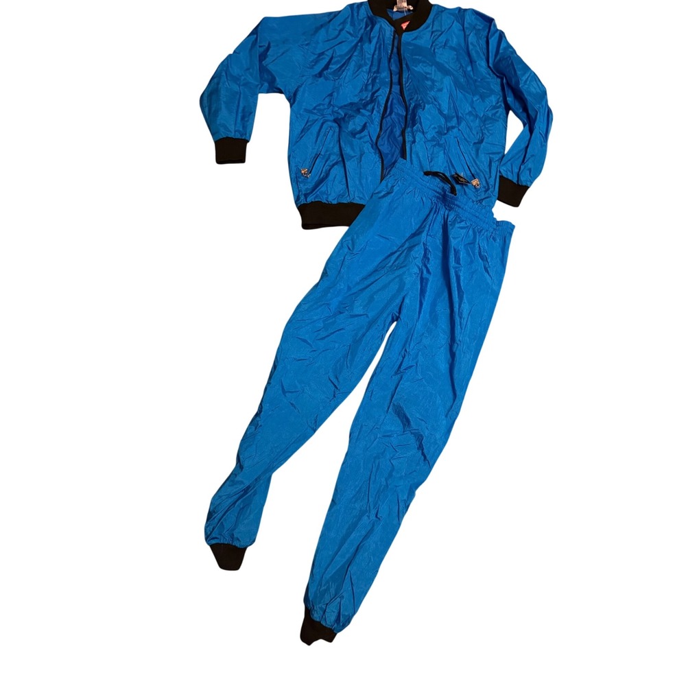Vintage Janeve Blue Nylon Tracksuit Set Tennis Zipper Pulls Retro Mens Medium